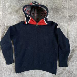 Men's Moncler Maglione Tricot Girocollo Navy Blue Red Wool Hooded Jacket Sz S